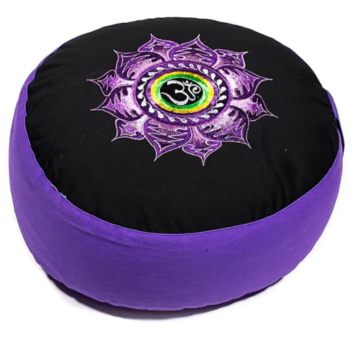 Zafu de Yoga meditación Loto y OM purpura/negro