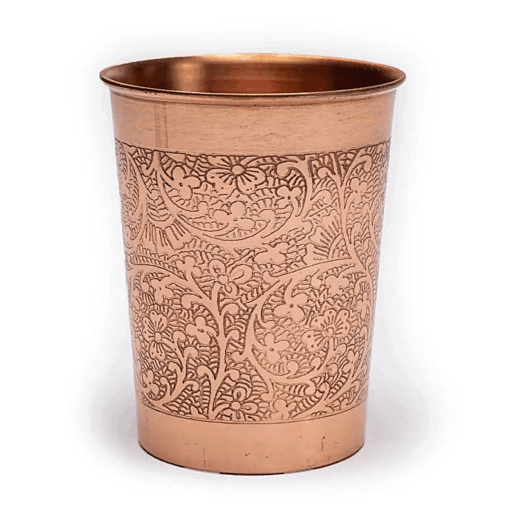 Vaso de cobre para Yoga y Pilates con diseño floral grabado - Cuatro unidades