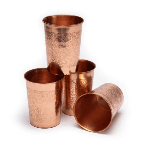 Vaso de cobre para Yoga y Pilates con diseño floral grabado - Cuatro unidades
