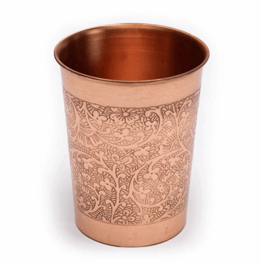 Vaso de cobre para Yoga y Pilates con diseño floral grabado - Cuatro unidades