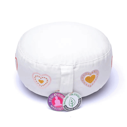 Zafu de Yoga meditación blanco corazones algodón orgánico