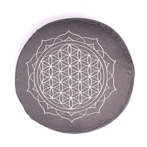 Zafu de Yoga meditación Flor de la Vida mandala gris algodón orgánico