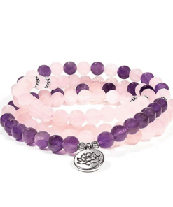 Mala elástico cuarzo rosa/amatista con Loto