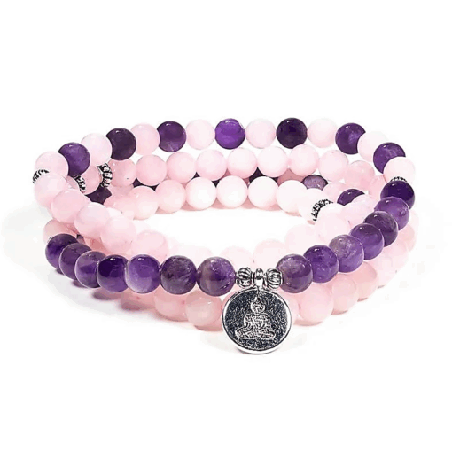 Mala elástico cuarzo rosa/amatista con Buda