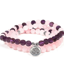 Mala elástico cuarzo rosa/amatista con Om