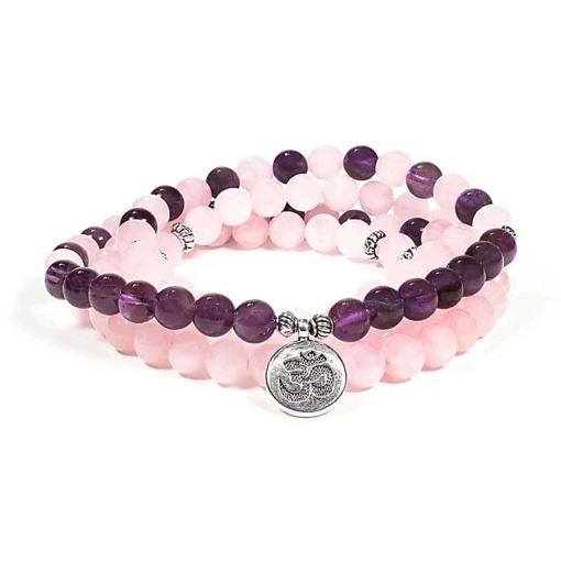Mala elástico cuarzo rosa/amatista con Om