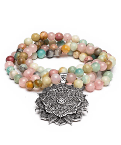Mala cuarzo rosa/ amazonita/ rodonita + loto