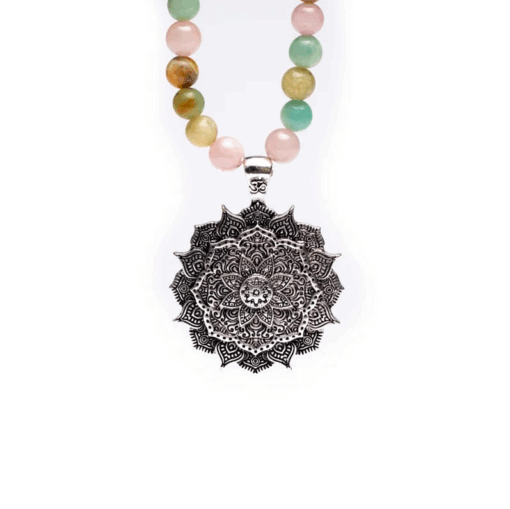 Mala cuarzo rosa/ amazonita/ rodonita + loto