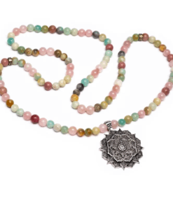 Mala cuarzo rosa/ amazonita/ rodonita + loto