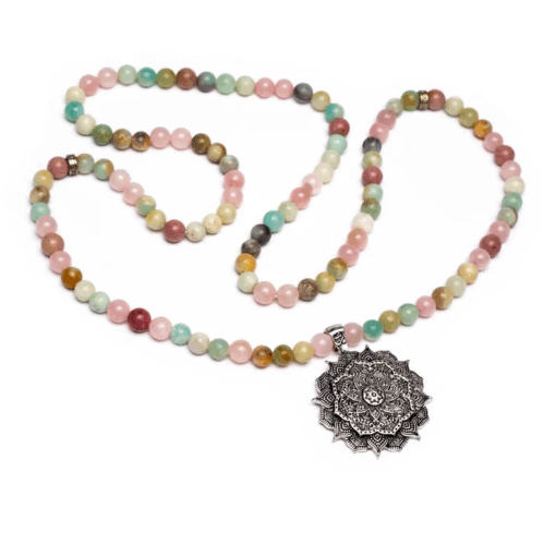 Mala cuarzo rosa/ amazonita/ rodonita + loto