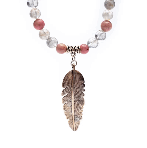 Mala rodonita/ cuarzo gris + pluma