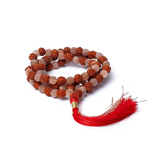 Mala de piedra lunar melocotón/rudraksha en bolsa calidad AA