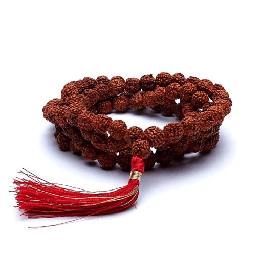 Mala para Yoga Rudraksha 108 cuentas y borla roja