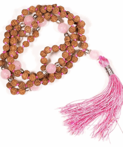 Mala para Yoga Rudraksha y cuarzo rosa - borla rosa 108 cuentas
