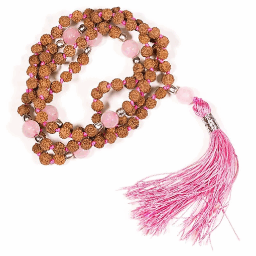 Mala para Yoga Rudraksha y cuarzo rosa - borla rosa 108 cuentas