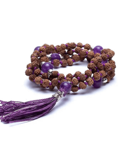 Mala para Yoga Rudraksha y amatista con borla 108 cuentas