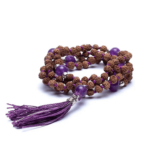 Mala para Yoga Rudraksha y amatista con borla 108 cuentas