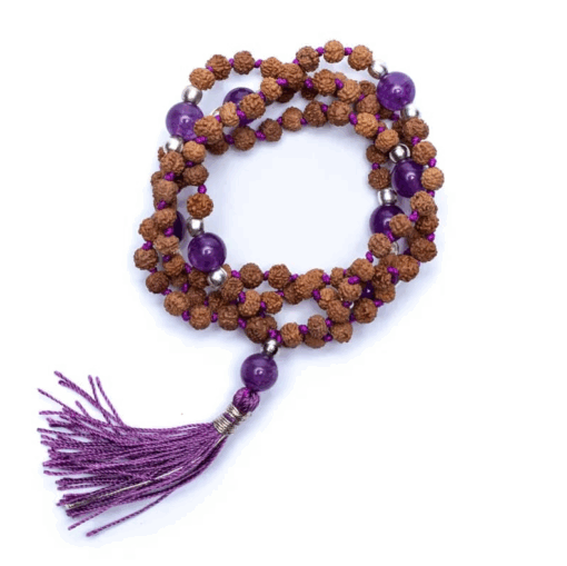 Mala para Yoga Rudraksha y amatista con borla 108 cuentas