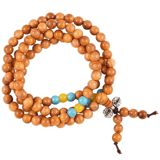 Mala para Yoga madera elástico 108 cuentas ornamentales y dorje 3