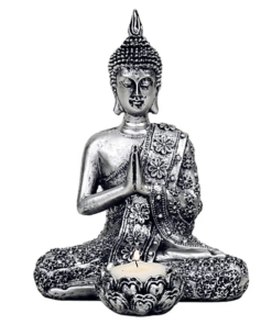Estatua de Buda para Yoga con portavelas color plata - 20,5 cm