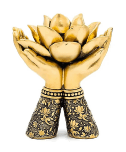 Estatua Portavelas manos de pie con loto color oro para yoga
