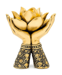 Estatua Portavelas manos de pie con loto color oro para yoga