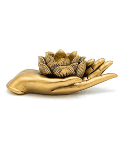 Estatua Portavelas mano con loto color oro para yoga 2 unidades