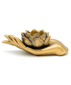 Estatua Portavelas mano con loto color oro para yoga 2 unidades
