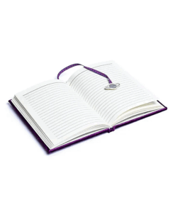 Cuaderno de terciopelo púrpura con galaxia