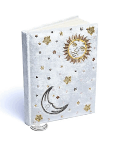 Cuaderno de terciopelo blanco con sol y luna