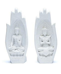 Estatua manos en el mudra Namaste con Buda blanco para Yoga