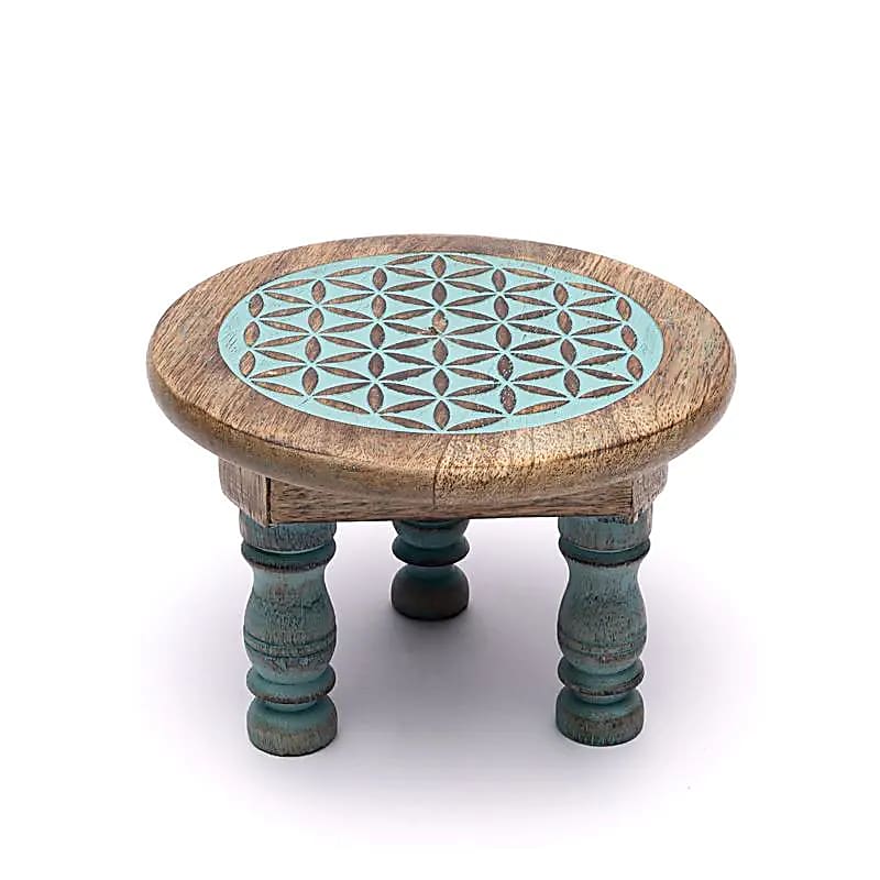 Mesita de altar redonda motivo Flor de la Vida azul para yoga