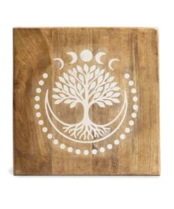 Mesita de altar cuadrada motivo Árbol de la Vida madera de mango blanqueada para yoga