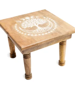 Mesita de altar cuadrada motivo Árbol de la Vida madera de mango blanqueada para yoga