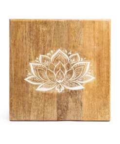 Mesita de altar cuadrada motivo Loto madera de mango blanqueada para yoga