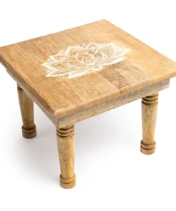 Mesita de altar cuadrada motivo Loto madera de mango blanqueada para yoga