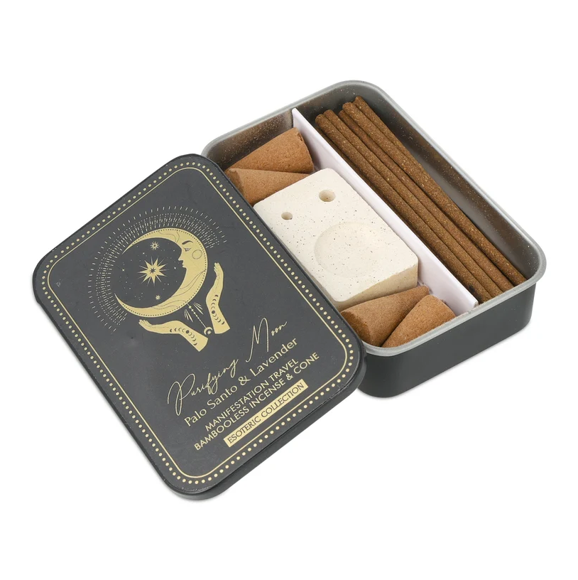 Incienso Esoteric Collection Purifying Moon & quemador en cajita deslizante de hojalata para Yoga 3 Unidades